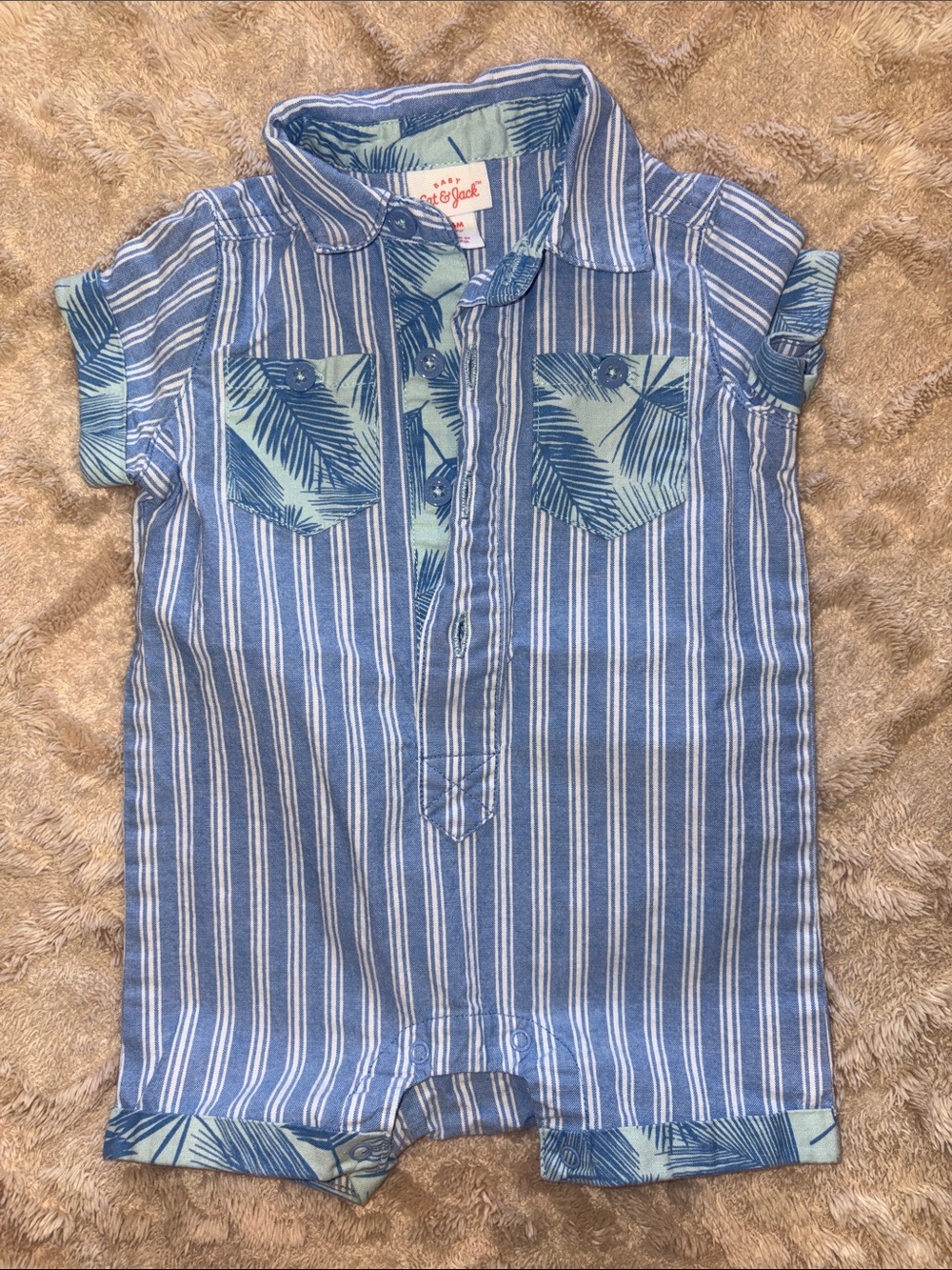 Cat & Jack Blue and White Striped Baby Romper with Palm-Print Pockets 3-6 months